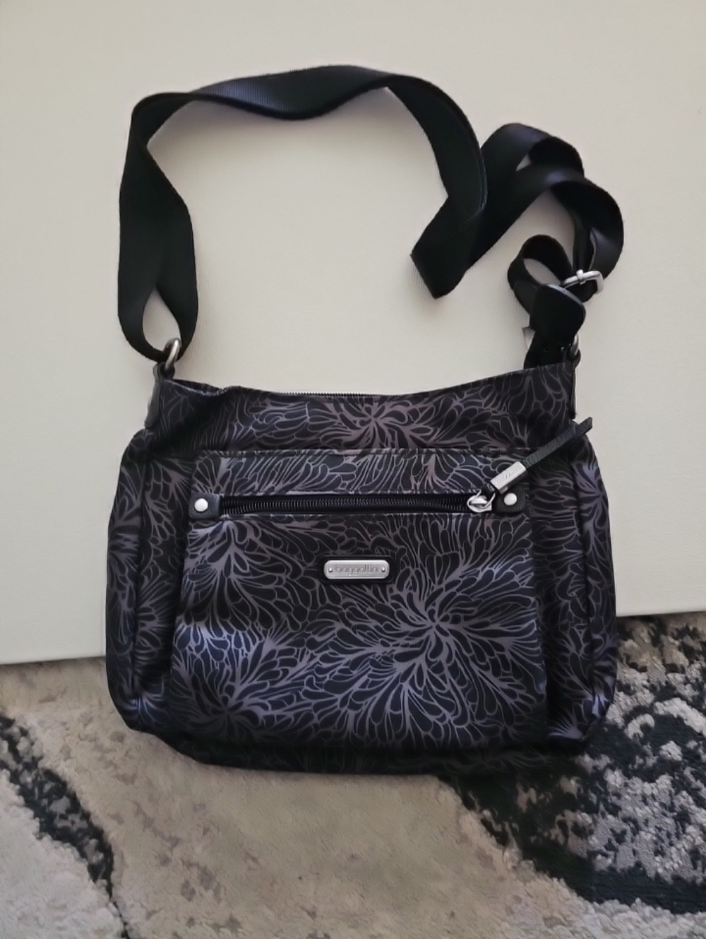 Baggallini Black Floral Crossbody Bag - Lightweight Women's Bag  With Wristlet